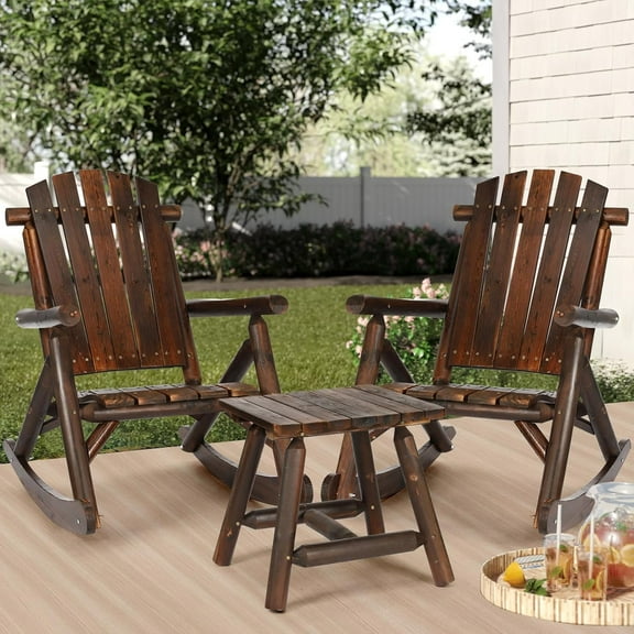 3-Piece Outdoor Wood Rocking Bistro Set, Adirondack Rocker Chair Set with 2 Rockers and 1 Coffee Table, Patio Wooden Conversation Set for Garden, High Fanned Back & Slatted Seat, Carbonized
