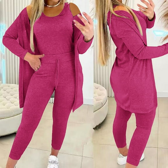 2 Piece Outfit for Women Plus Size,Women Two Piece Set 3Pc Solid Color Tank Top Long Sleeve Coat Elastic Waist Long Pants Sets