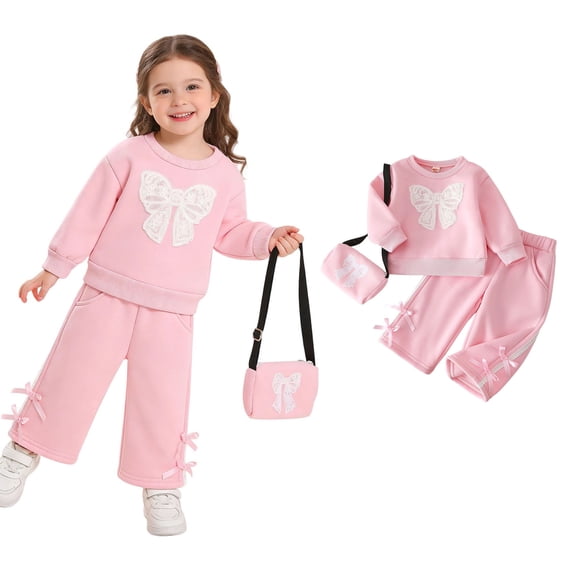 3 Piece Outfits Sets Long Sleeve Bow Sweatshirt and Sweatpants Set Girls Spring Outfits for Girls 12-18 Months