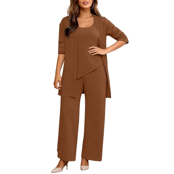 3 Piece Outfits for Women Long Sleeve Cardigan Sleeveless Top Wide Leg Pants Sweatsuit Sets Wedding Guest Pant Suits Coffee XL
