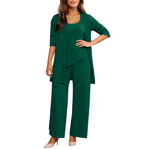 3 Piece Outfits for Women Long Sleeve Cardigan Sleeveless Top Wide Leg Pants Sweatsuit Sets Wedding Guest Pant Suits Dark Green XL