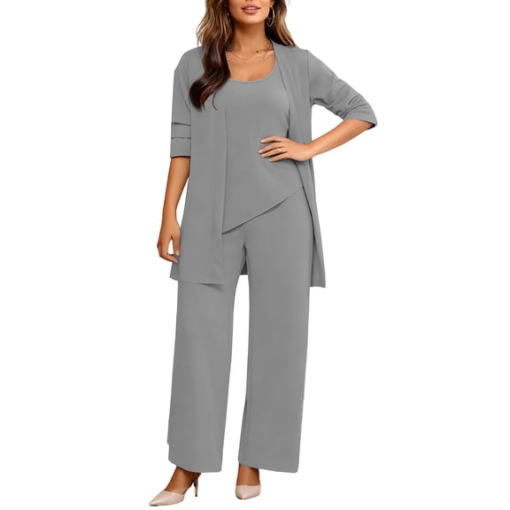 3 Piece Outfits for Women Long Sleeve Cardigan Sleeveless Top Wide Leg Pants Sweatsuit Sets Wedding Guest Pant Suits Light Gray 3XL