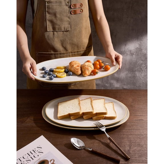 3-Piece Oval Serving Platter Set, Stoneware Dishes for Entertaining, Microwave Safe, Cappuccino White