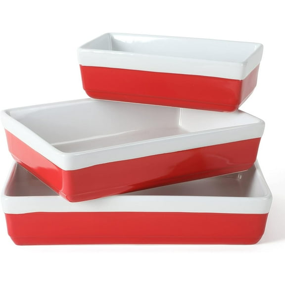 3 Piece Oven to Table Stoneware Bakeware, Baking Dish & Casserole Set - Red