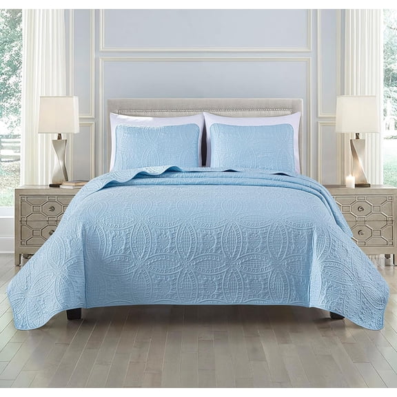 3-Piece Oversized Bedspread Coverlet Set Queen Chambray Blue