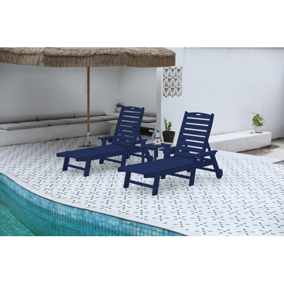 3-Piece Oversized Chaise Lounge Chair Set with Wood Texture & All Weather Design, 5-Position Adjustable Backrest, Wheels & Cup Holders (2 Chairs + 1 Table) - Navy Blue