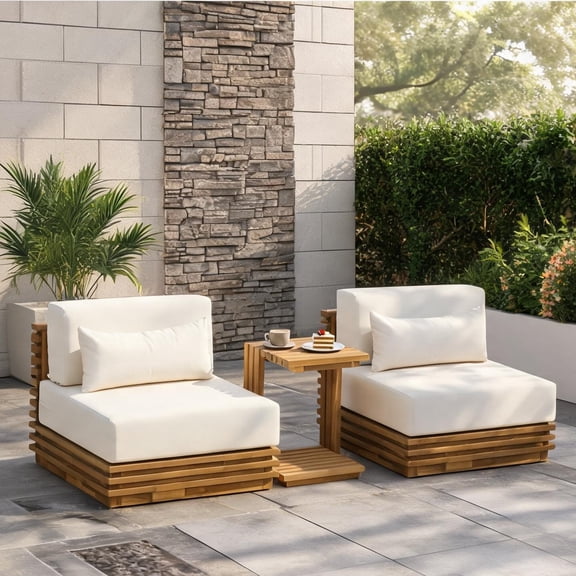 3-Piece Oversized Outdoor Chat Set in Soft Beige with Solid Acacia Wood Frame