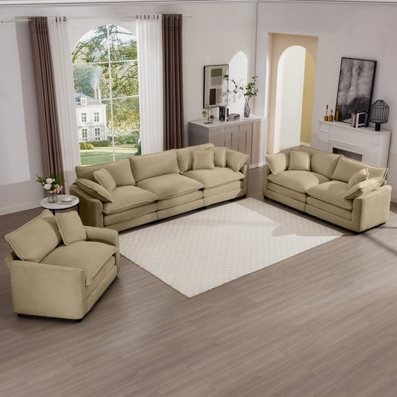 3-Piece Oversized Tan Corduroy Sectional Sofa Set - Deep Seat, Memory Foam Comfort, Modern Retro Design for Living Room, 6-Seater