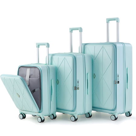 3-Piece PC Hard Shell Luggage Set with Front Laptop Pocket, Expandable Carry-On, TSA Lock, Spinner Wheels, 20/24/28 Inch Lightweight Suitcase, Mint Green/Navy Blue/Pink