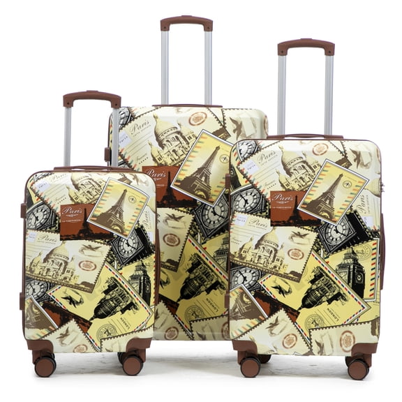 3 Piece PC Spinner Luggage Set, 20"/24"/28" Printed City Stamps Pattern Carry on Suitcase with Combination Lock, Travel Hard Shell Rolling Suitcase