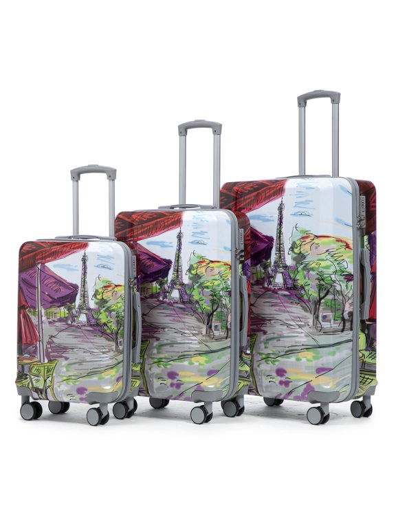 3-Piece PC Spinner Luggage Set with Printed Pattern, Carry-On Suitcase, Combination Lock, 20/24/28 Inch (Coffee+Iron Tower)