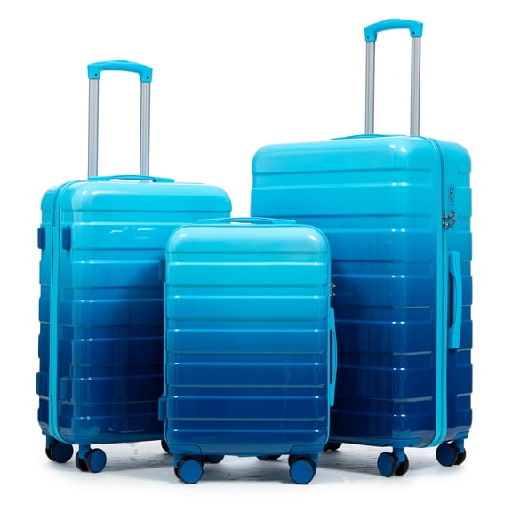 3-Piece PC Spinner Wheel Luggage Set with Gradient Color & Combination Lock, Carry-On Suitcase, Blue