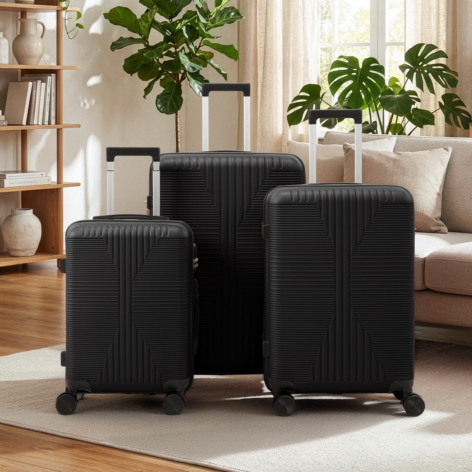 3 Piece PP Hard Shell Luggage Set, 20/24/28 Inch Carry On Checked Suitcases with 360 Silent Spinner Wheels, Black Lightweight Durable Travel Trolley Cases for Family Business Trips
