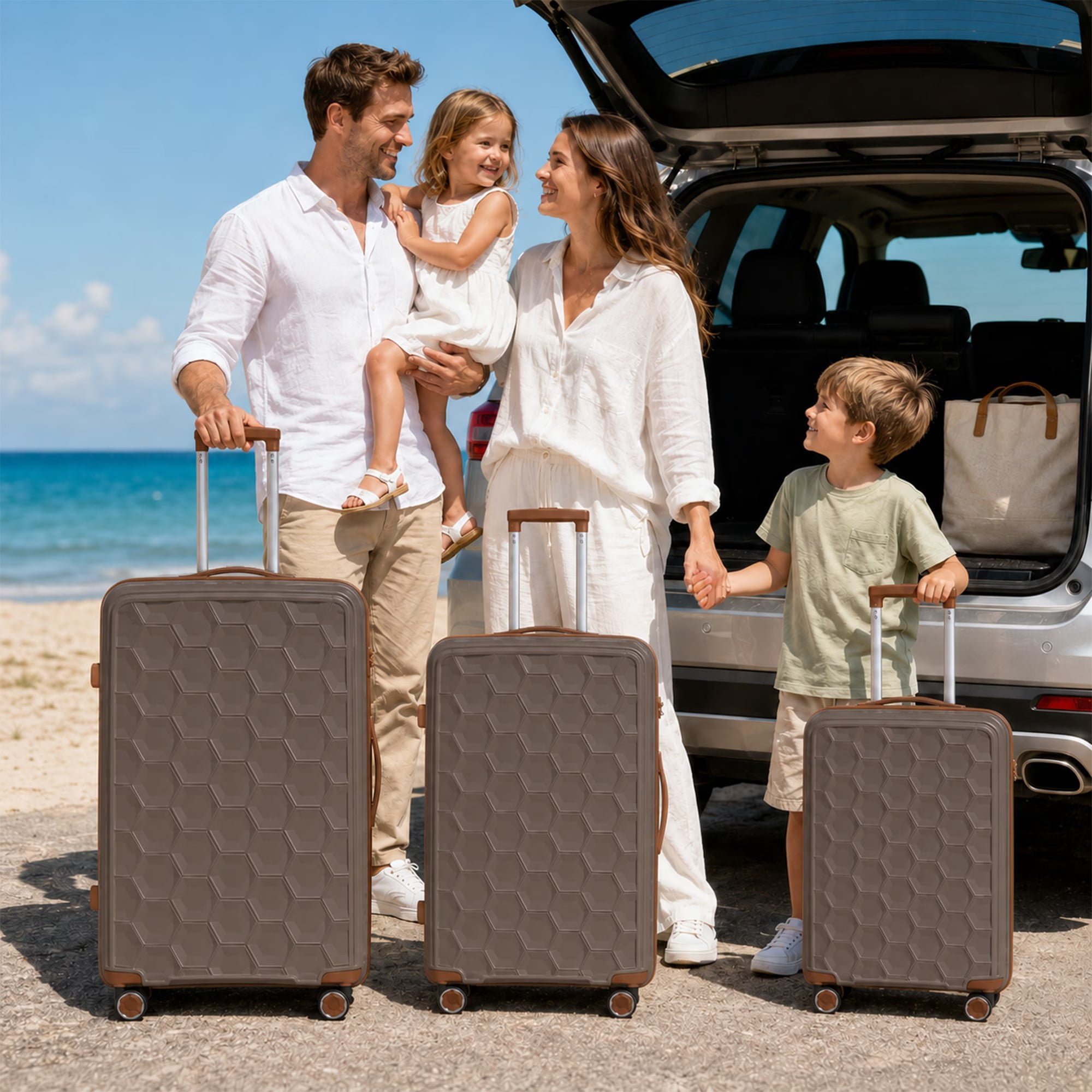 3-Piece PP Hardshell Luggage Set, 20"/24"/28" Lightweight Suitcases with TSA Lock, 360° Silent Spinner Wheels, Durable Polypropylene Shell & Adjustable Iron Handle, Coffee Brown