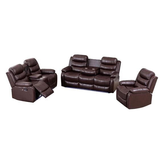 3-Piece Faux Leather Reclining Sofa Set Drop Down Table USB Charging Brown