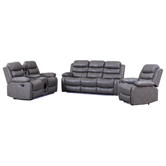 3-Piece Faux Leather Reclining Sofa Set Drop Down Table USB Charging Gray