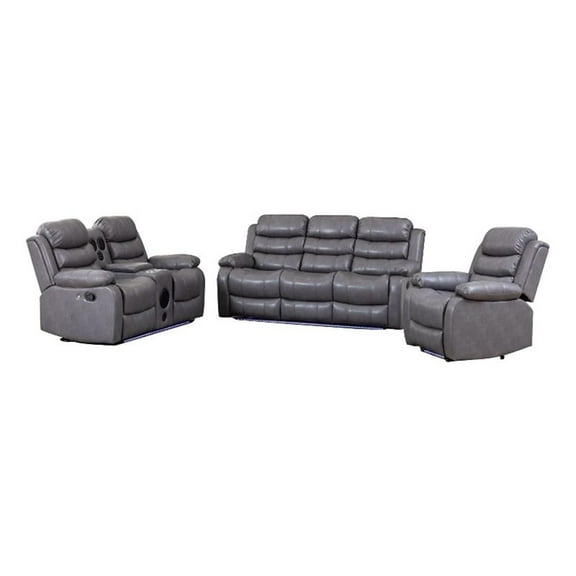 3-Piece PU Leather Recliners Sofa Set Drop Down Table USB Charging Gray