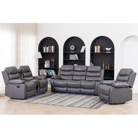 3-Piece Faux Leather Reclining Sofa Set Drop Down Table USB Charging Gray