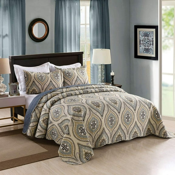 3-Piece Paisley Medallion Quilted Bedspread Set Lightweight Coverlet A16