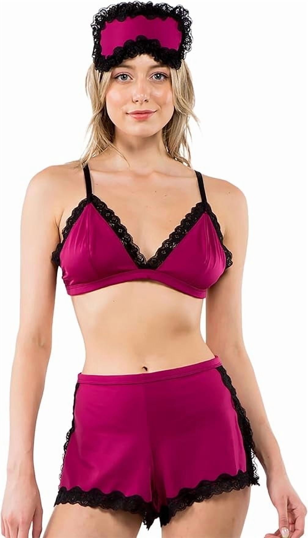 3 Piece Pajama Lace Bralette PJ Short Set with Sleep Lingerie Adjustable Straps