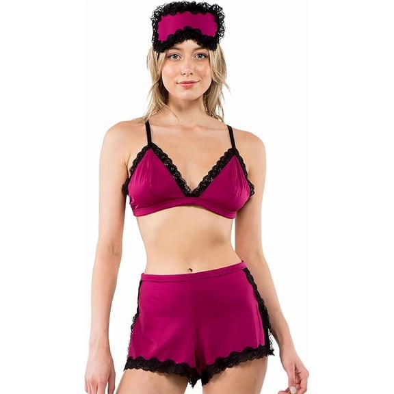 3 Piece Pajama Lace Bralette PJ Short Set with Sleep Lingerie Adjustable Straps