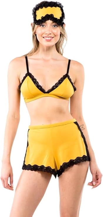 3 Piece Pajama Lace Bralette PJ Short Set with Sleep Lingerie Adjustable Straps