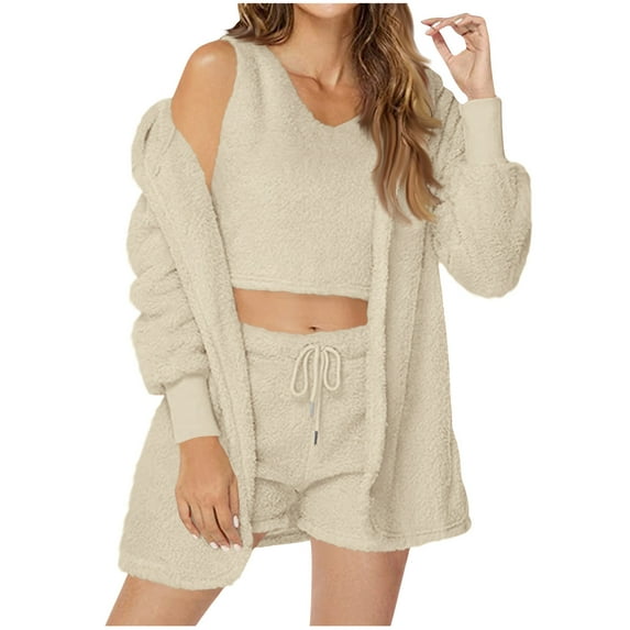 3 Piece Pajama Set for Women Warm Fleece Pajama Sets Fuzzy Hooded Outfits Sleeveless Crop Tops Shorts Pjs