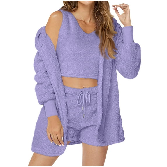 3 Piece Pajama Set for Women Warm Fleece Pajama Sets Fuzzy Hooded Outfits Sleeveless Crop Tops Shorts Pjs