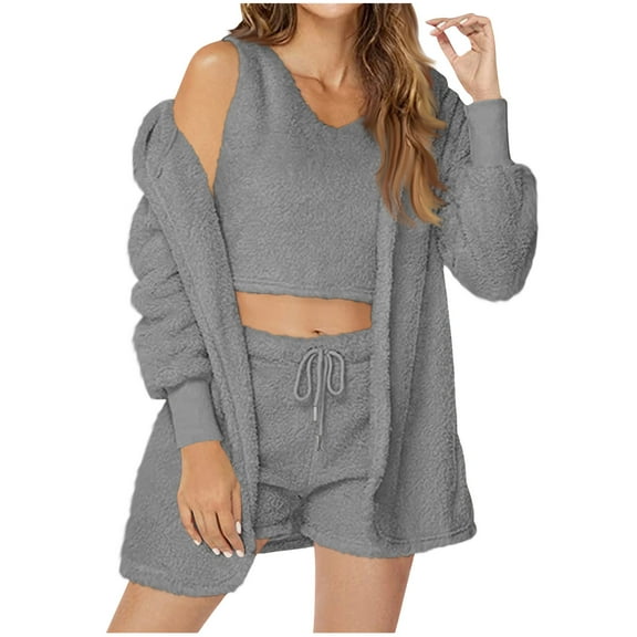 3 Piece Pajama Set for Women Warm Fleece Pajama Sets Fuzzy Hooded Outfits Sleeveless Crop Tops Shorts Pjs