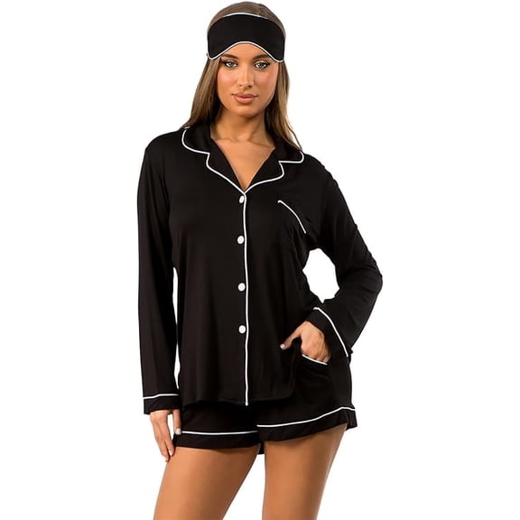 3-Piece Pajama Set with Sleep Mask, Button-Down Long Sleeve Top & Shorts (S–XL)