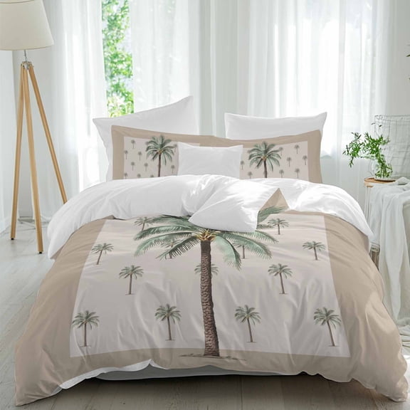 3 Piece Palm Trees Duvet Cover Set Queen Size, Microfiber Comforter/Quilt Cover with Corner Ties and 2 Pillowcases, Brown Tropical Plants Summer Green All Season Soft Bedding with Zipper Closure