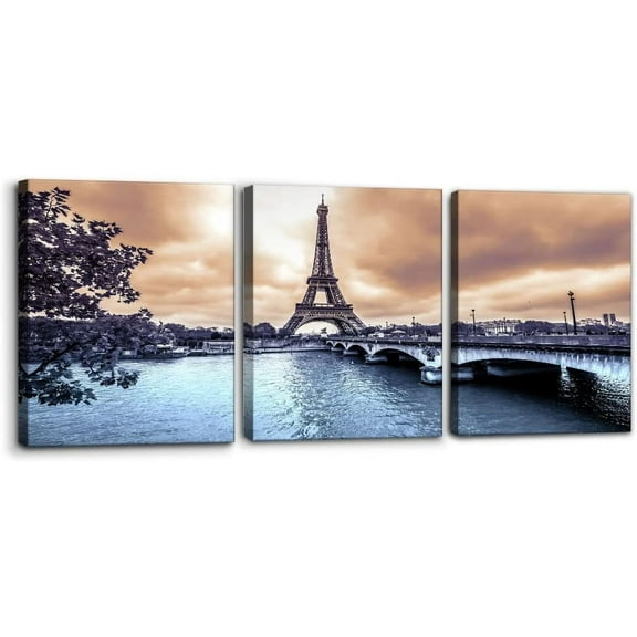 3 Piece Paris Cityscape Canvas Wall Art Eiffel Tower with Storm Picture Painting City Skyline Framed Poster Modern Artwork for Home Office Bedroom Decor Ready to Hang - 12" x 16" x 3