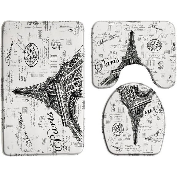 3 Piece Paris Eiffel Tower Bath Mat Vintage Black White Stamp Bathroom Rug Shower Floor Retro Eiffel Tower Romantic Bath Rug