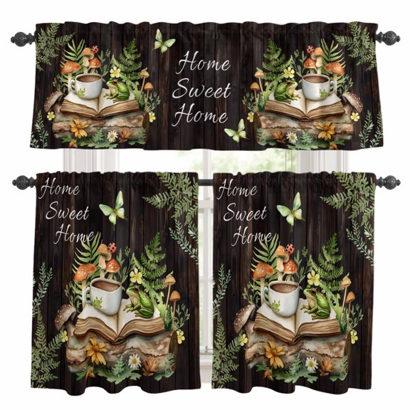 3 Piece Pastoral Plant Kitchen Curtain Valance and Tiers Set Home Sweet Frog Butterfly Coffee Book Rod Pocket Tier Curtain 24 Inch Small Window Drapes for Living Room Bedroom Cafe Home Decor
