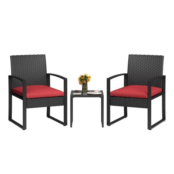 3-Piece Patio Bar Bistro Set - Black PE Rattan Outdoor Furniture with Tempered Glass Table - Weather-Resistant, Ideal for Garden, Balcony, Backyard - Black Rattan, Red Cushions