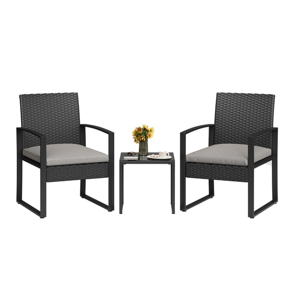3-Piece Patio Bar Bistro Set - PE Wicker Outdoor Furniture with Tempered Glass Table - All-Weather Rattan Chairs for Garden, Balcony, Backyard - Black Rattan, Gray Cushions
