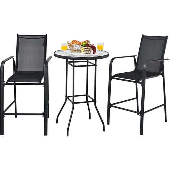 3-Piece Patio Bar Set Outdoor High Top Bistro Set with 2 Bar Stools and 1 Tempered Glass Top Table
