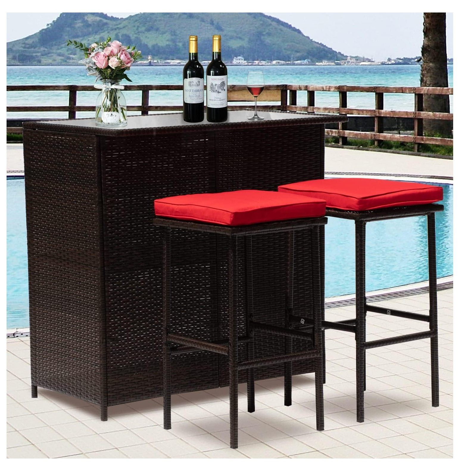3Piece Patio Bar Set Outdoor Wicker Bar Set AllWeather Rattan Bar