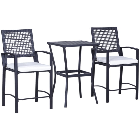 3-Piece Patio Bar Set with Soft Cushion, Black Steel Rattan Wicker Outdoor Furniture for Backyards, Lawn, Deck, Poolside