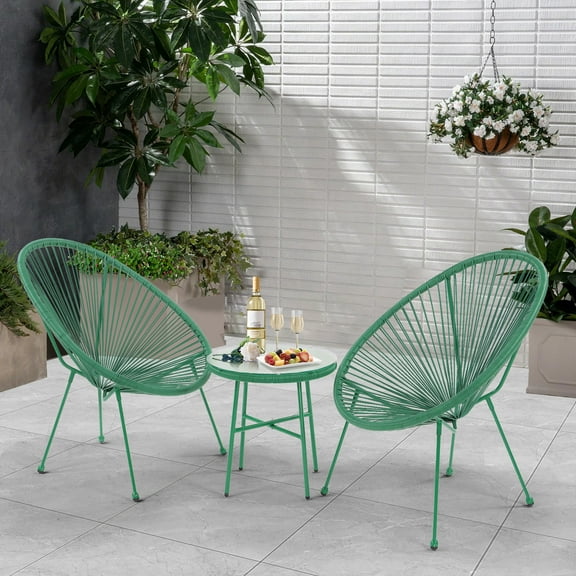 3 Piece Patio Bistro Conversation Set with Side Table, Acapulco All-Weather PE Rattan Chair Set,Flexible Rope Furniture Outdoor with Coffee Table,for Garden,Backyard,Balcony or Poolside(Green)