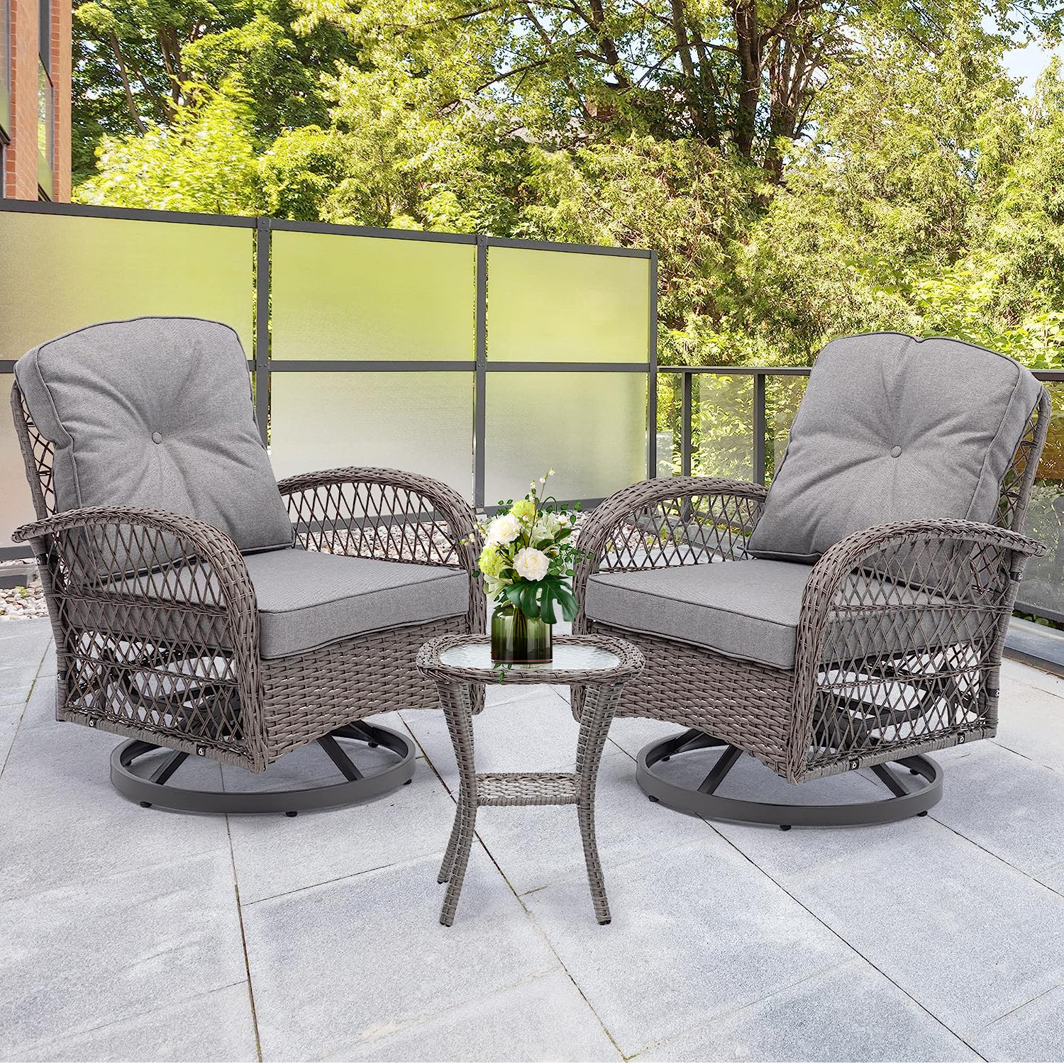 3-Piece Patio Bistro Furniture Set, 360° Patio Rattan Wicker Swivel Rocking Chair Set with Thickened Cushions and Glass Coffee Table, 275 LBS, Grey - image 1 of 10
