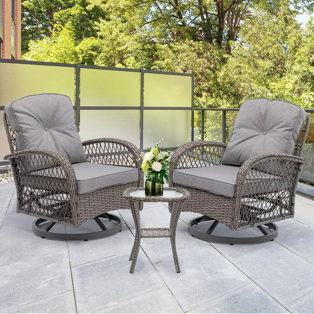 3-Piece Patio Bistro Furniture Set, 360° Patio Rattan Wicker Swivel Rocking Chair Set with Thickened Cushions and Glass Coffee Table, 275 LBS, Grey