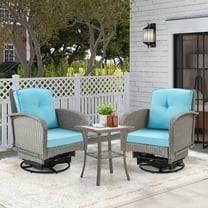 3-Piece Outdoor Swivel Rocker Chairs, 360° Patio Rattan Wicker Swivel Rocking Chair Set with Thickened Cushions and Glass Coffee Table, Max Weight 360 LBS, Light Blue