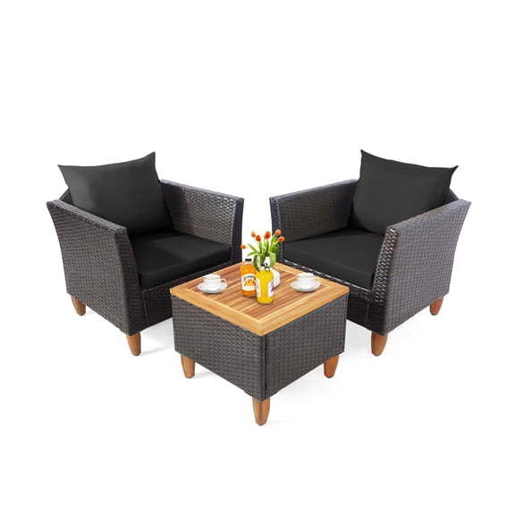 3 Piece Patio Bistro Furniture Set with Wooden Tabletop and Wicker Chairs