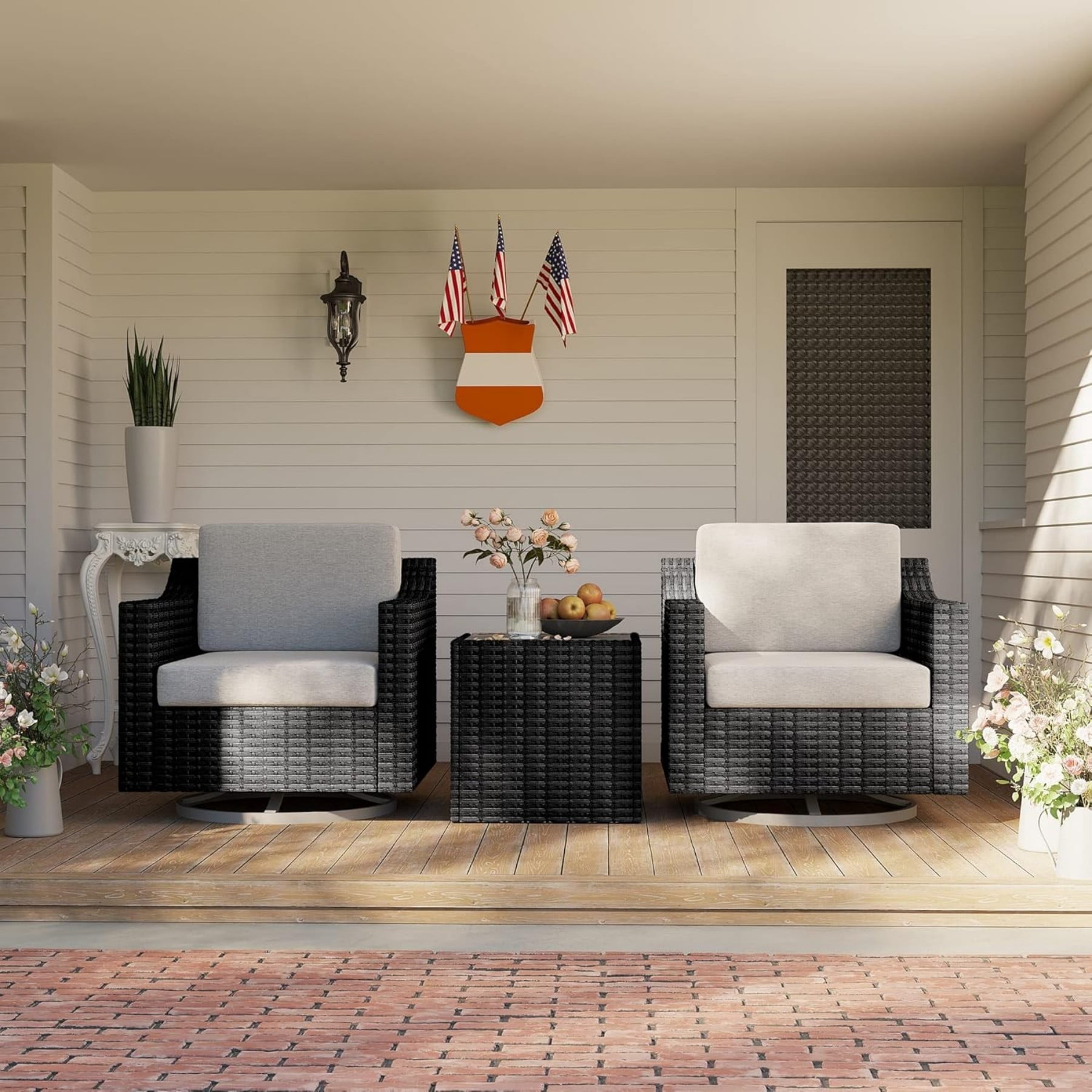 3 Piece Patio Bistro Set with 360 Swivel Patio Chairs, Outdoor Wicker Patio Furniture Set with Cushions and Side Table for Balcony Porch Backyard, Brown/Grey