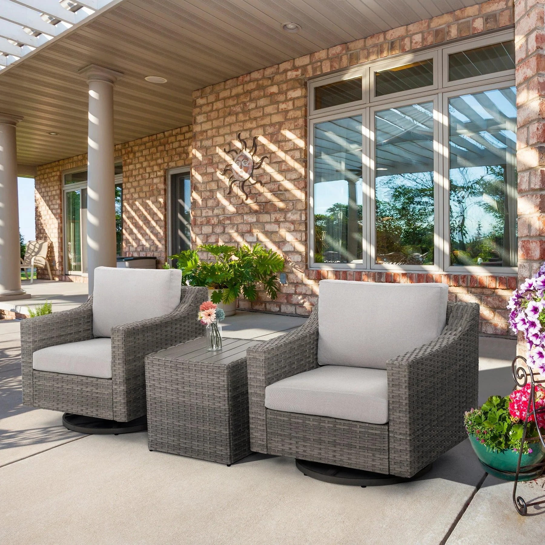 3 Piece Patio Bistro Set with 360 Swivel Patio Chairs, Outdoor Wicker Patio Furniture Set with Cushions and Side Table for Balcony Porch Backyard, Grey/Beige