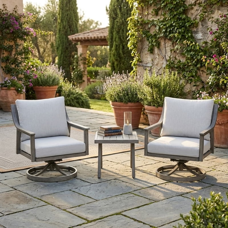 3-Piece Patio Bistro Set, All-Weather Aluminum Outdoor Conversation Set Includes 1 Side Table and 2 Cushioned Swivel Rocker Chairs