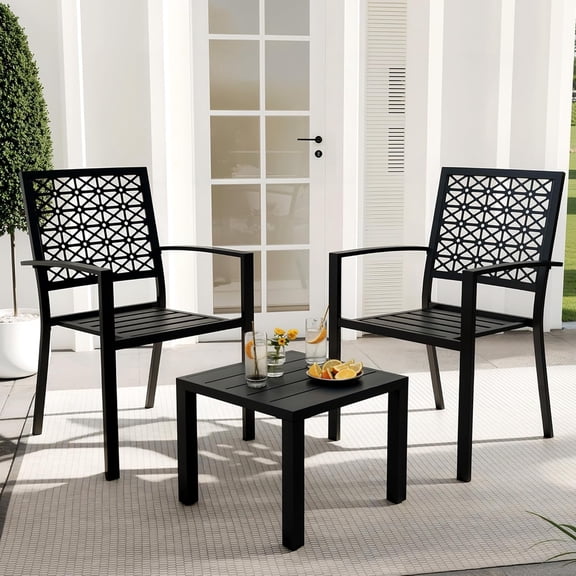 3 Piece Patio Bistro Set, Carved Back Design Outdoor Bistro Table and Chairs Set of 2, Stackable Outdoor Patio Furniture Set for Patio, Balcony, Porch Indoor Outdoor, Black