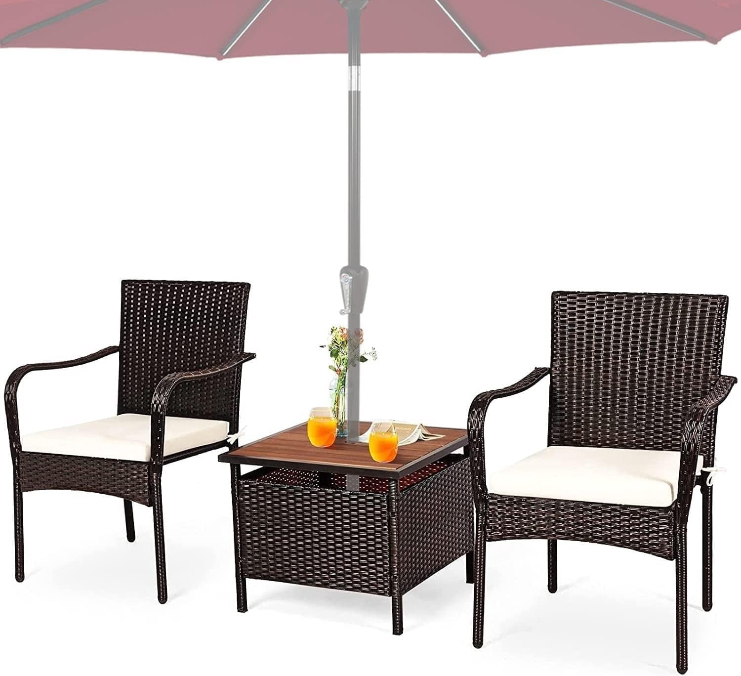 3-Piece Patio Bistro Set with Coffee Table & Umbrella Hole, Rattan ...
