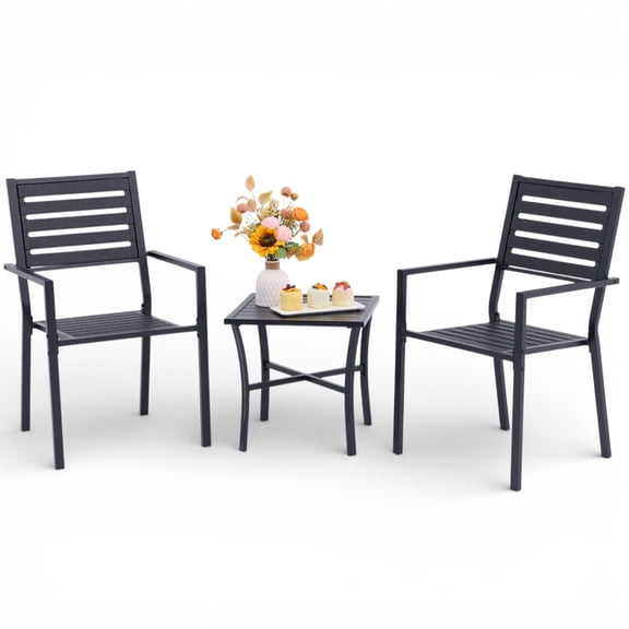 3-Piece Patio Bistro Set - Heavy-Duty Rust-Resistant Steel Frame & HDPE Slat Construction, Square Sidetable with Two Comfortable Stacking Chairs, Ideal for Balcony, Garden, Backyard (Matte Black)